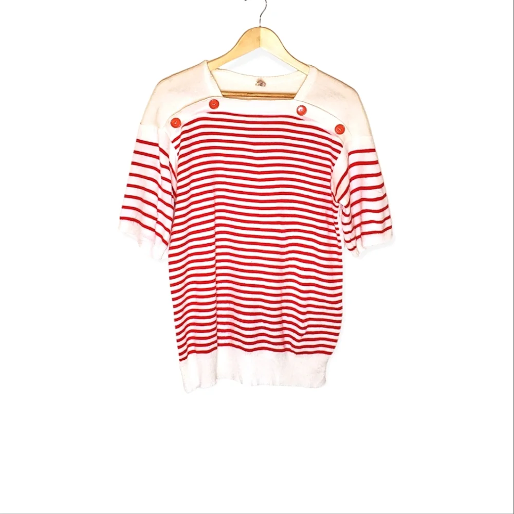 (Red &) White Stripes Red and White Striped Short Sleeve Knit Sweater Shirt - Picture 1 of 14